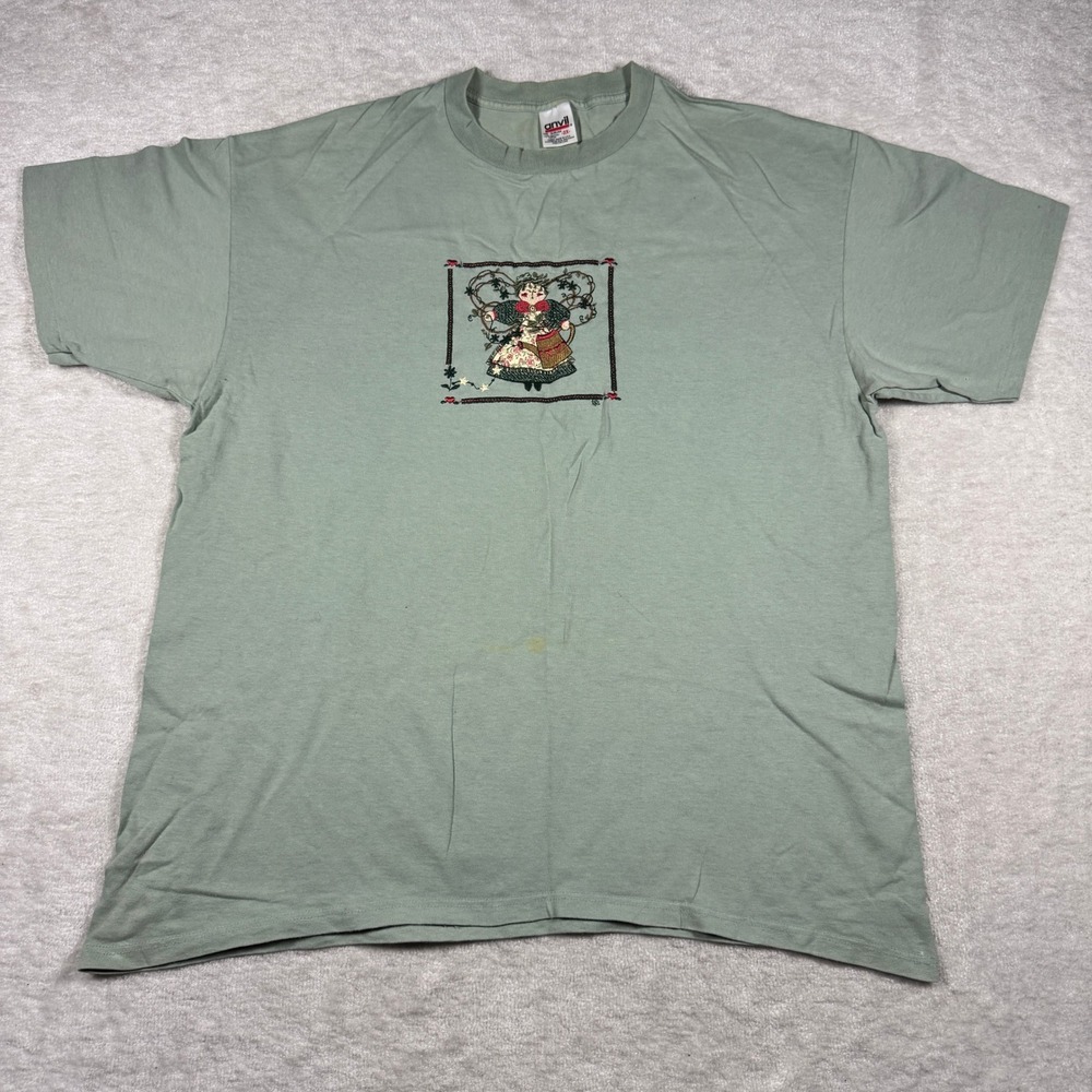 Vintage Anvil Sage Green Embroidered‎ Garden Girl T-Shirt 2X Cotton 90s